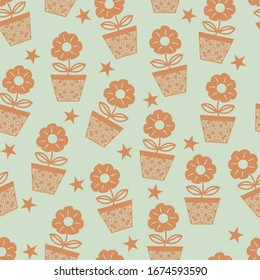 Motif textured flower pot seamless pattern for wallpaper, wrapping, textile, bags and bedsheet. Botanical endless fabric. Floral repeat texture with stars for tile on mint green color background.