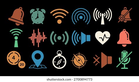 Motification and Map Reading Icon Set. Solid, filled icon set of map reading tools folded map, compass, magnifying glass, GPS device, map pin