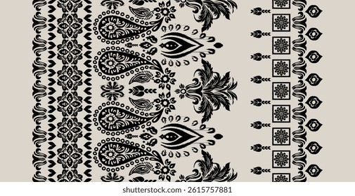 Motifs African boho paisley in black on a gray background. Floral Ikat pattern embroidery border.Ethnic floral Indian seamless.Aztec traditional textile design decoration.