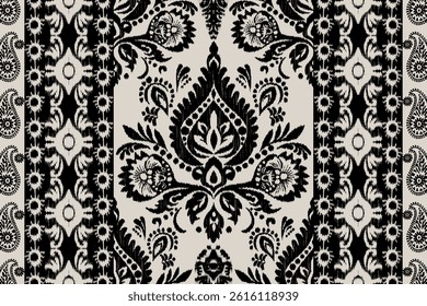 Motifs African boho paisley in black on a gray background. Floral Ikat pattern embroidery border.Ethnic floral Indian seamless.Aztec traditional textile design decoration.