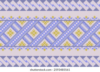 Motifs African boho paisley Floral Ikat pattern embroidery border.Border indian floral Aztec embroidery border seamless patterns.Pixel Art Fabric background Pattern with Geometric Square.