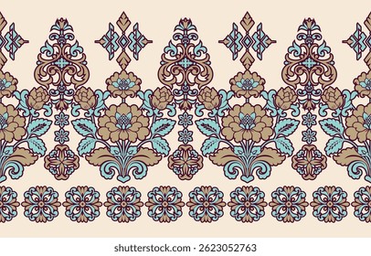 Motifs African boho paisley Floral Ikat pattern embroidery border. Ethnic ikat floral Ethnic Indian Pattern ikat pattern Ethnic Pattern. Border indian floral Aztec embroidery border seamless patterns