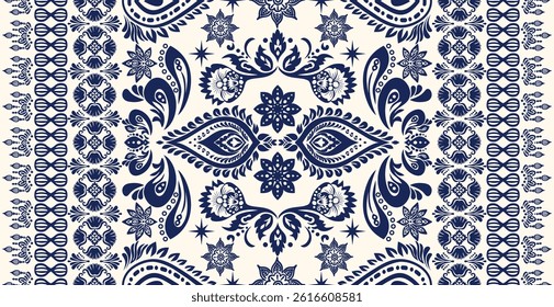 Motifs  African boho paisley in a navy blue on cream background. Floral Ikat pattern embroidery border.Ethnic floral Indian seamless.Aztec traditional textile design. Illustration for fabric, textiles