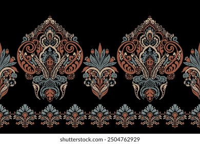 Motifs African paisley boho Floral Ikat seamless pattern embroidery border. Ethnic ikat saree sarong  flower design for Ikat pattern and Ethnic Pattern.Border indian floral Aztec embroidery patterns.