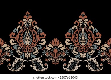 Motifs African paisley boho Floral Ikat seamless pattern embroidery border. Ethnic ikat saree sarong  flower design for Ikat pattern and Ethnic Pattern.Border indian floral Aztec embroidery patterns.