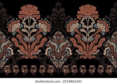 Motivos African paisley boho Floral Ikat bordado patrón sin fisuras frontera. Diseño étnico de la flor del sarong del saree del ikat para el patrón del ikat y los patrones étnicos. Patrones aztecas florales indios del bordado de la frontera.