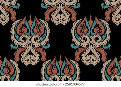 Motifs African paisley boho Floral Ikat seamless pattern embroidery border. Ethnic ikat saree sarong  flower design for Ikat pattern and Ethnic Pattern.Border indian floral Aztec embroidery patterns.