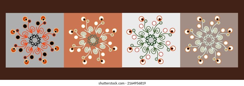Motifs in orange colour vector background.  Mandala seamless pattern. Beautiful paper background. Circle shapes. Warm colour set. Set or individual design.Fabric patterns.
