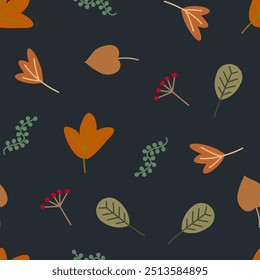 Motifs scattered random. Seamless autumn season pattern with leaves and branches. Colorful fallen leaves and berries flat. Texture for fabric, wrapping, textile, wallpaper, apparel, card, paper gift.