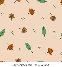 Motifs scattered random. Seamless autumn season pattern with leaves and branches. Colorful fallen leaves and berries flat. Texture for fabric, wrapping, textile, wallpaper, apparel, card, paper gift.