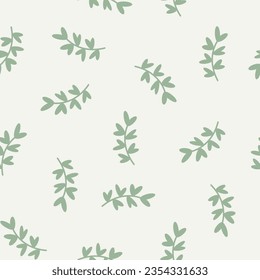 Los motivos se dispersaron al azar. Patrón de primavera o verano sin foco con hojas y ramas. Textura para tela, envoltura, textil, papel pintado, tarjeta, regalo de papel, estuche de teléfono, papelería. Vector.