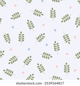 Motifs scattered random. Seamless spring or summer season pattern with leaves, branches and squares. Texture for fabric, wrapping, textile, wallpaper, card, paper gift, phone case, stationery.