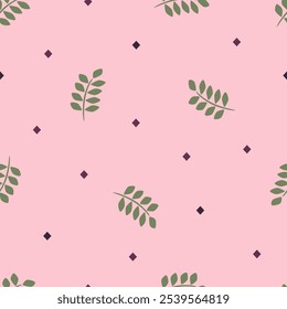 Motifs scattered random. Seamless spring or summer season pattern with leaves, branches and squares. Texture for fabric, wrapping, textile, wallpaper, card, paper gift, phone case, stationery.