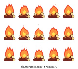 Motion Animation Flame Burn Night Camp Campfire Game Element Isolated Frames Flat Set Design Vector Illustration