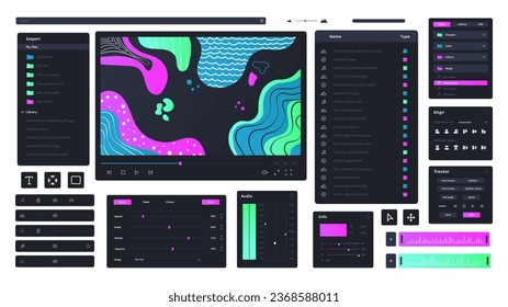 Motion app interface concept. Video editing and creativity, art. Work for graphic designer and freelancer. Abstract colorful geometric shapes at computer screen. Flat vector illustration