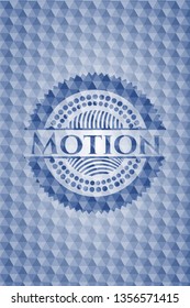 Motion blue badge with geometric background.