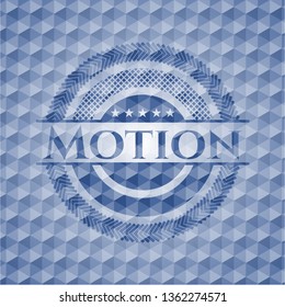 Motion blue badge with geometric pattern.