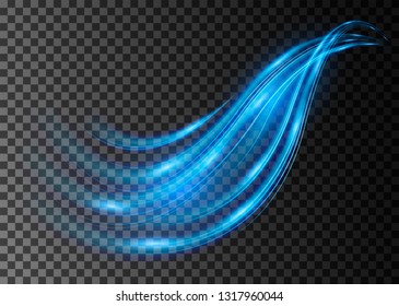 Motion blue wave. Dynamic light effect. Glowing trail, track and swirl isolated on transparent background