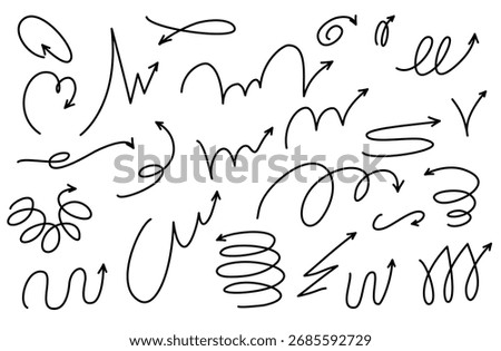 Motion bounce arrow set, hand drawn line design spiral. Expressive jump effect. Includes ball motion paths for sports. Vector illustration isolated