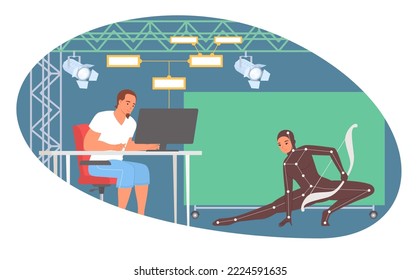 Motion capture vector. Man videographer and woman actor at work shooting film in cinema studio illustration. Actress wearing costume with markers for graphic design