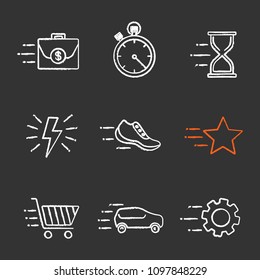 Motion chalk icons set. Flying briefcase, stopwatch, hourglass, sneaker, star, cogwheel, car, fast shopping, lightning bolt. Isolated vector chalkboard illustrations