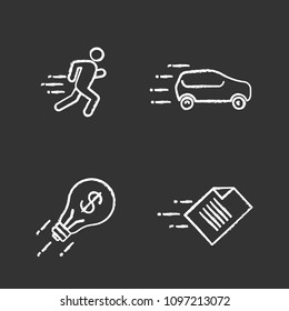 Motion chalk icons set. Speed. Running man, car, flying light bulb and file. Isolated vector chalkboard illustrations