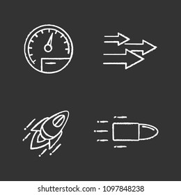 Motion chalk icons set. Speed. Speedometer, arrows, startup, flying bullet.  Isolated vector chalkboard illustrations