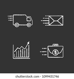Motion chalk icons set. Speed. Delivery van, mailing, growth chart, flying briefcase. Isolated vector chalkboard illustrations