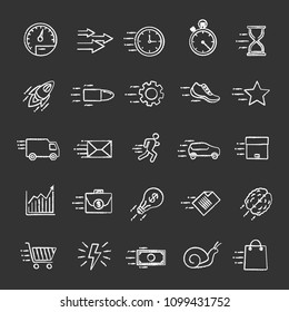 Motion chalk icons set. Speed. Flying items. Fast services. Isolated vector chalkboard illustrations