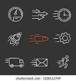 Motion chalk icons set. Speed. Flying clock, startup, bullet, cogwheel, van, mailing, running man, speedometer, arrows.  Isolated vector chalkboard illustrations