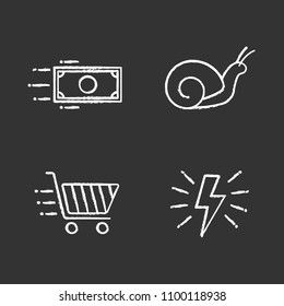 Motion chalk icons set. Speed. Lightning bolt, snail, flying paper dollar and shopping cart. Isolated vector chalkboard illustrations