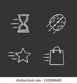 Motion chalk icons set. Speed. Flying hourglass, shopping bag, star, brain. Isolated vector chalkboard illustrations