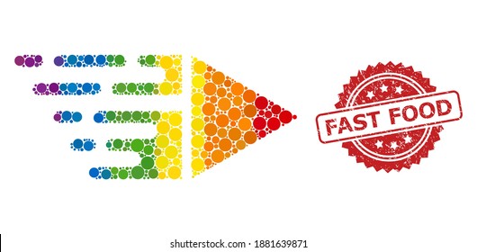 Icono de collage de movimiento de las manchas de círculo en tamaños variables y colores de color LGBT, y sello de rosette sucio de comida rápida. Un movimiento de colores LGBT para lesbianas, gays, transgéneros y bisexuales.