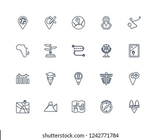 Motion, College Pin, Touristic map, Terrain, Add to Map, National Park Gift shop Location, Building Demographics, , Forbidden outline vector icons from 20 set