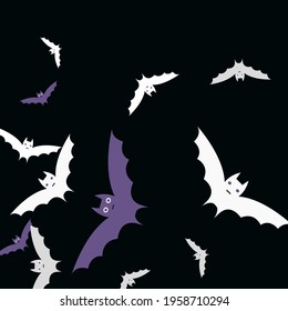 Motion Colorful Sky Purple Background. Creepy Scary Black Night Halloween Modern Design. Eyes Gothic White Attack Violet Bats Vector Design Pic. Grey Spooky Print Retro Art Flying Bats Fabrics.