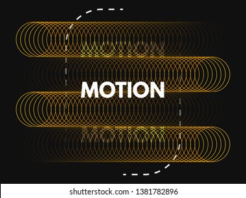 Motion design. Minimal concept with color circles and dashed lines. Advertising template on black background. Yellow geometric shapes for poster or web. Vector illustration.