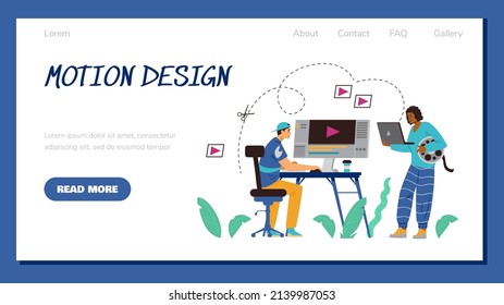 Motion design services advertising web banners layout with cartoon characters of video and animation industry professionals, flat cartoon vector illustration.
