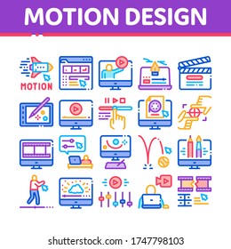 Motion Design Studio Collection Icons Set Vector. Movie Motion Redactor Programme On Computer Screen And Video Player, Filmstrip And Clipboard Linear Pictograms. Color Illustrations