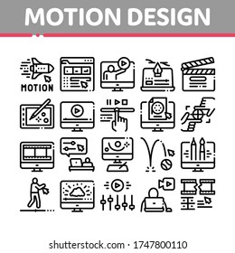 Motion Design Studio Collection Icons Set Vector. Movie Motion Redactor Programme On Computer Screen And Video Player, Filmstrip And Clipboard Linear Pictograms. Monochrome Contour Illustrations