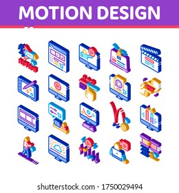 Motion Design Studio Collection Icons Set Vector. Movie Motion Redactor Programme On Computer Screen And Video Player, Filmstrip And Clipboard Isometric Illustrations