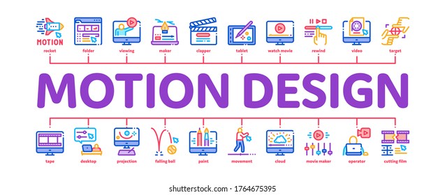 Motion Design Studio Minimal Infographic Web Banner Vector. Movie Motion Redactor Programme On Computer Screen And Video Player, Filmstrip And Clipboard Illustration