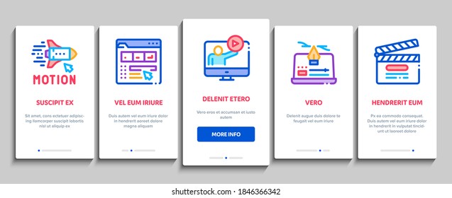 Motion Design Studio Onboarding Mobile App Page Screen Vector. Movie Motion Redactor Programme On Computer Screen And Video Player, Filmstrip And Clipboard Color Illustrations