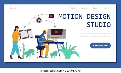 Motion design studio professional service web banner layout, flat cartoon vector illustration. Web banner template with video and animation industry professionals.