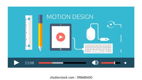 Motion design video play production. Play video, movie film motion, production industry design, media multimedia, digital design motion, show motion design illustration
