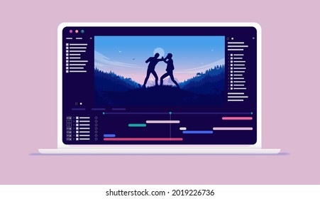 Motion design and visual effect software on computer screen - Film production and editing on laptop. Vector illustration. svg