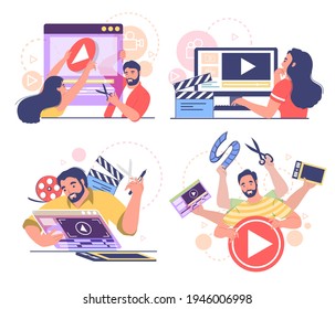 Motion designer, animator, male and female cartoon character set, flat vector illustration. People creating computer animation or animated video. Animation and motion graphic studio professionals.