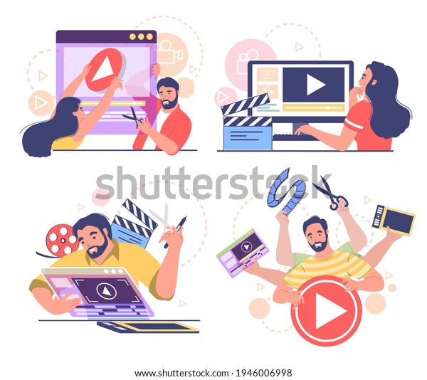 Motion designer, animator, male and female\
cartoon character set, flat vector illustration. People creating\
computer animation or animated video. Animation and motion graphic\
studio professionals.