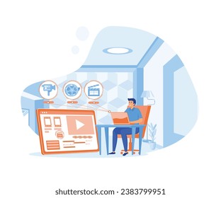 Motion designer animator working on computer creating animated video while sitting at desk. flat vector modern illustration