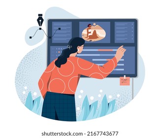 Motion designer concept. Woman at workplace develops pictures and animations. Freelancer or remote employee. Creative personality develops commercials video. Cartoon flat vector illustration