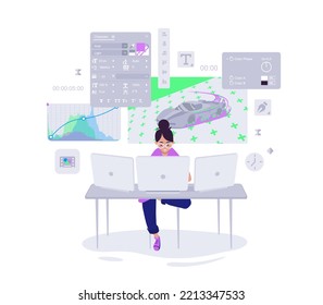 Motion designer creating video project on multiple monitors